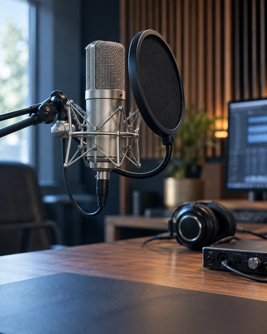 Microfone profissional e equipamentos em um ambiente de produção de áudio.