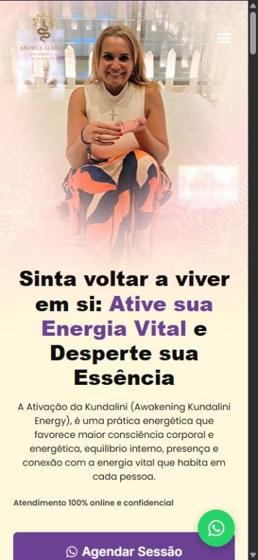 Captura mobile da primeira tela do site Andrea Kundalini, com retrato da profissional, explicação do atendimento e chamada para agendar uma sessão.