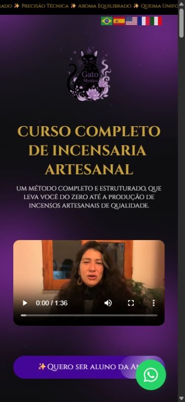 Captura mobile da primeira tela do site Gato Mystico, com apresentação de curso, vídeo e chamada para inscrição.