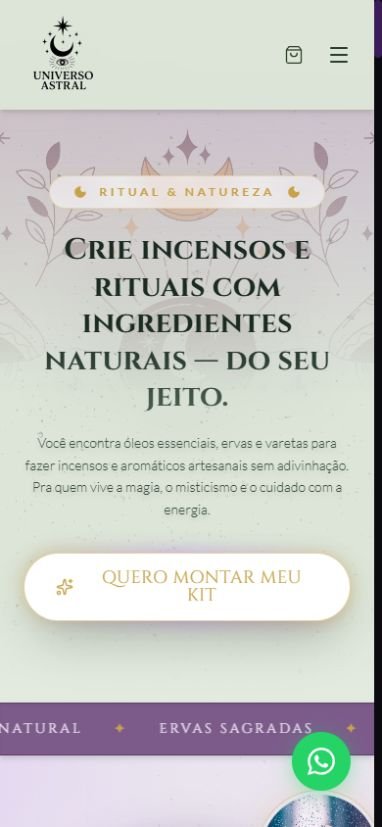 Captura mobile da primeira tela da loja Universo Astral, com identidade em tons naturais e botão para montar um kit.